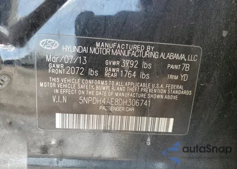 2013 Hyundai Elantra Gls from USA, damaged, VIN 5NPDH4AE8DH306741
